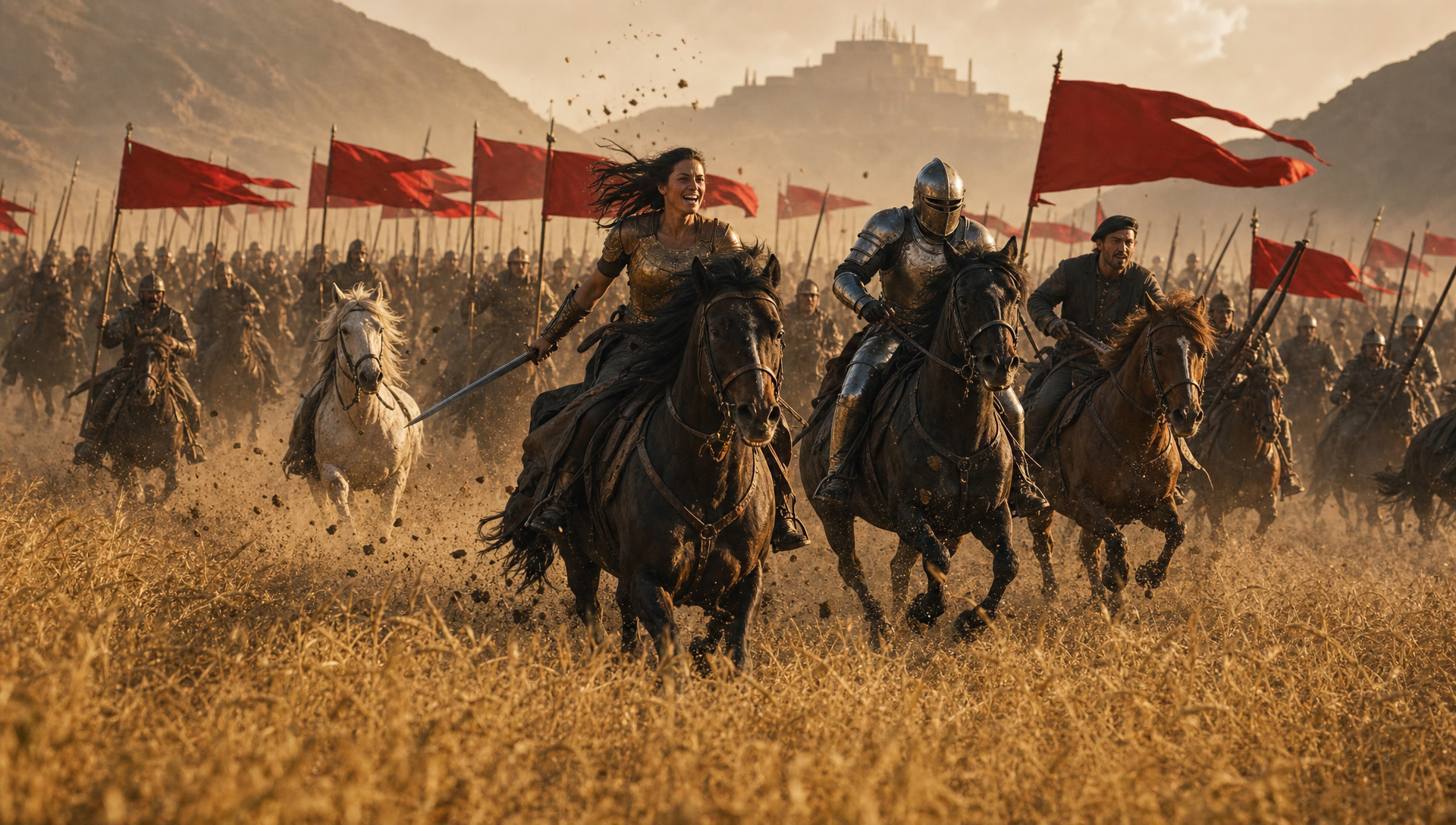 The cavalry charge at full commitment, red banners up