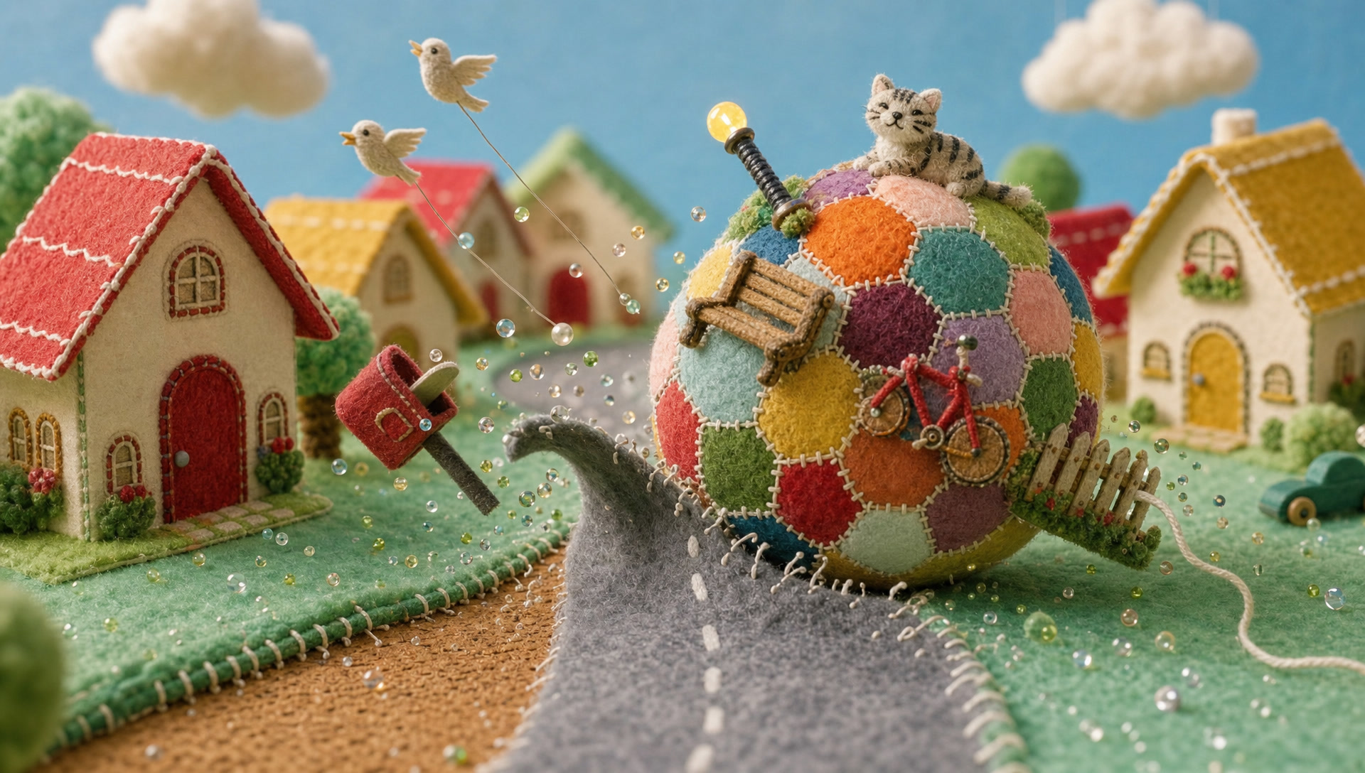 The patchwork ball gathering the street, the cat riding