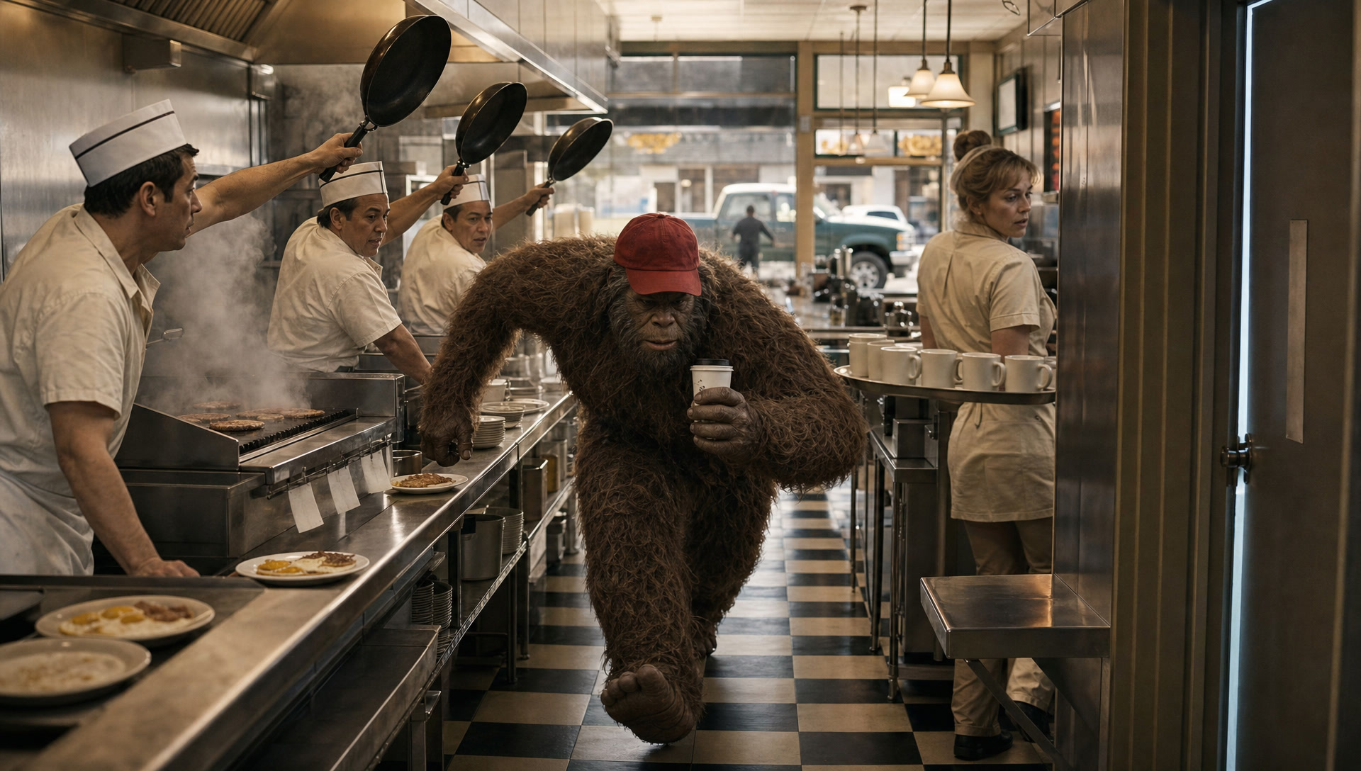 The sasquatch ducking through the diner kitchen under lifted pans, the ranger's truck through the front window