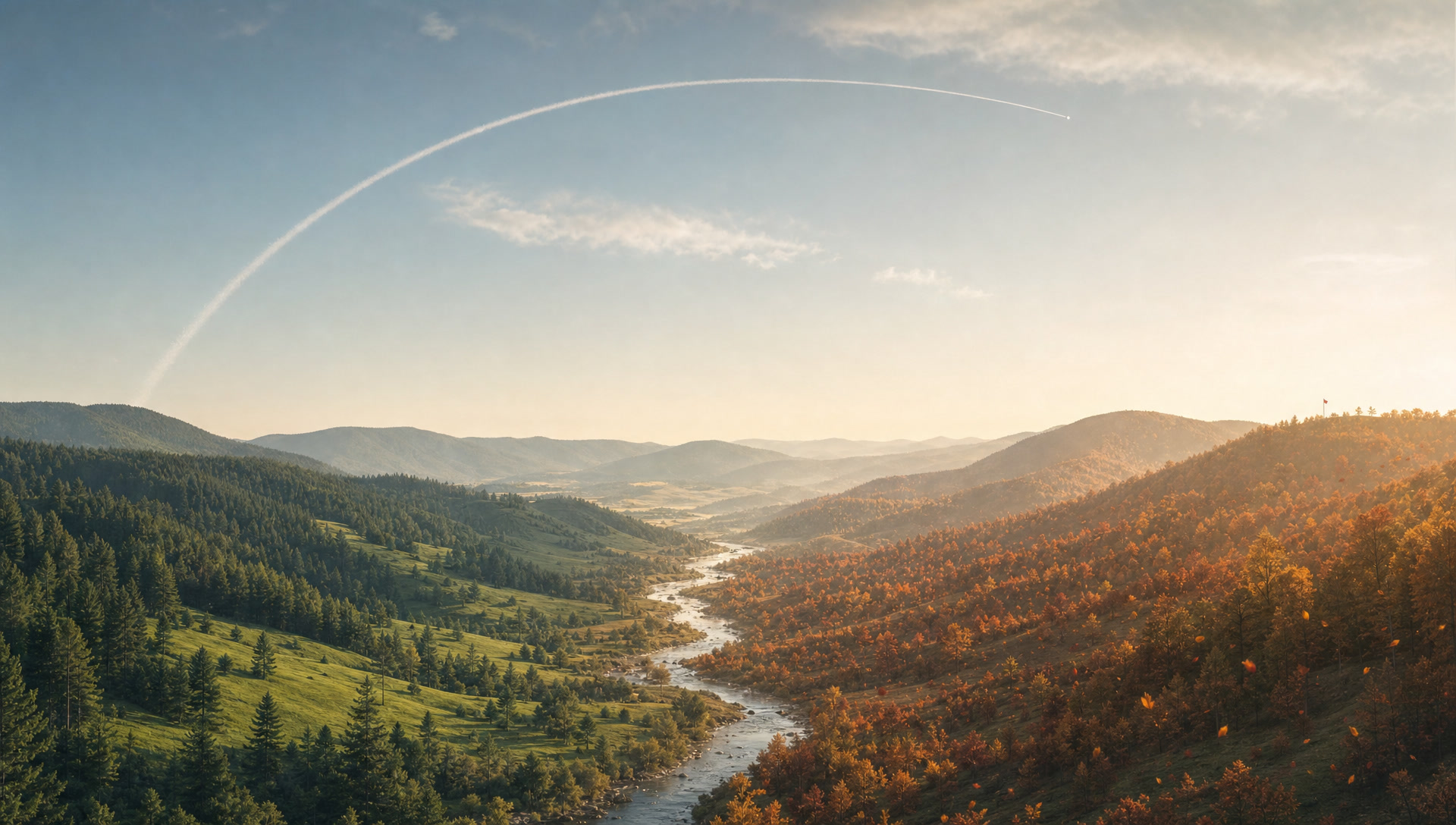 One ball flight crossing a valley wearing two seasons, the flag paused on the autumn ridge